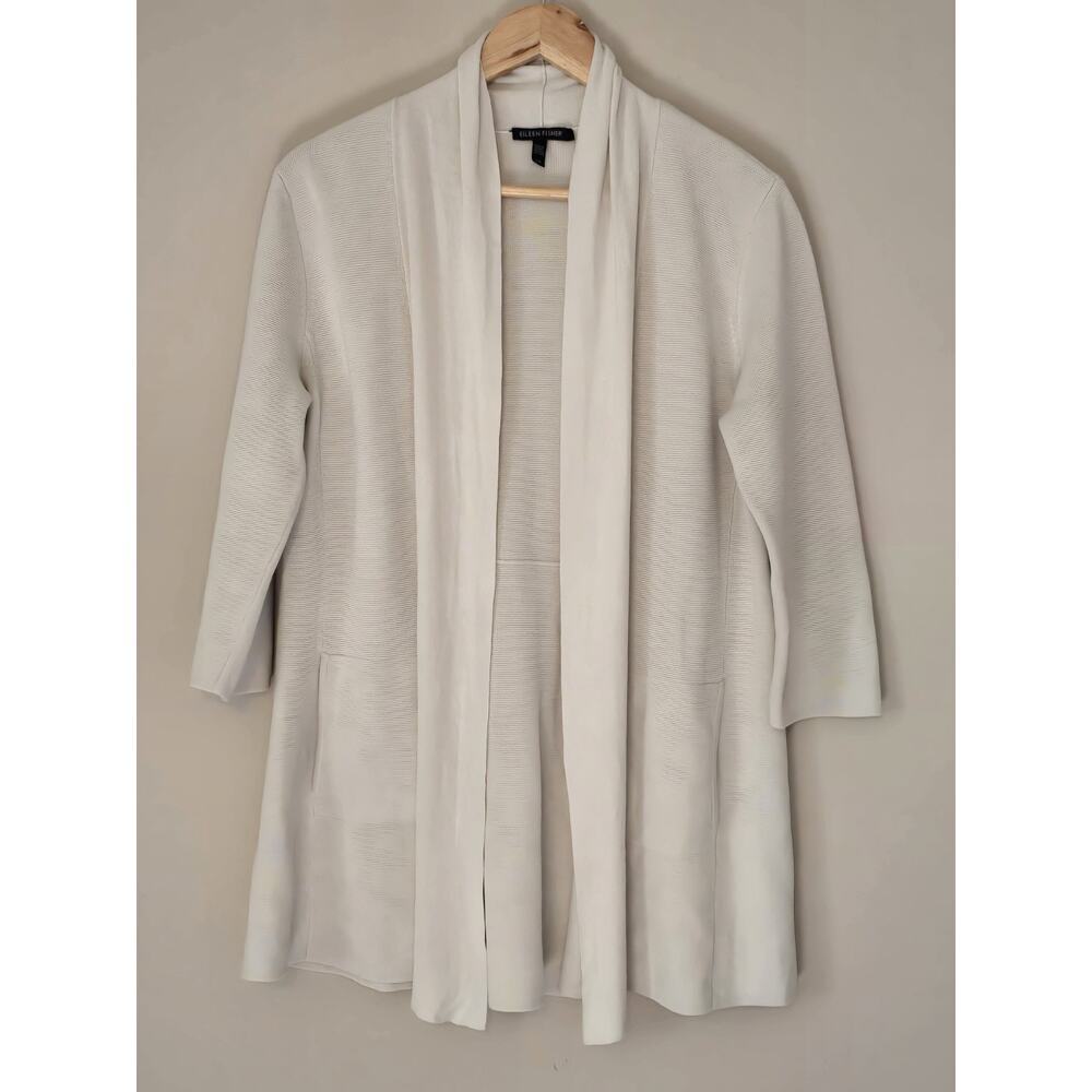 Eileen Fisher Silk Organic Cotton Blend Open Front Knit Cardigan Cream Size M